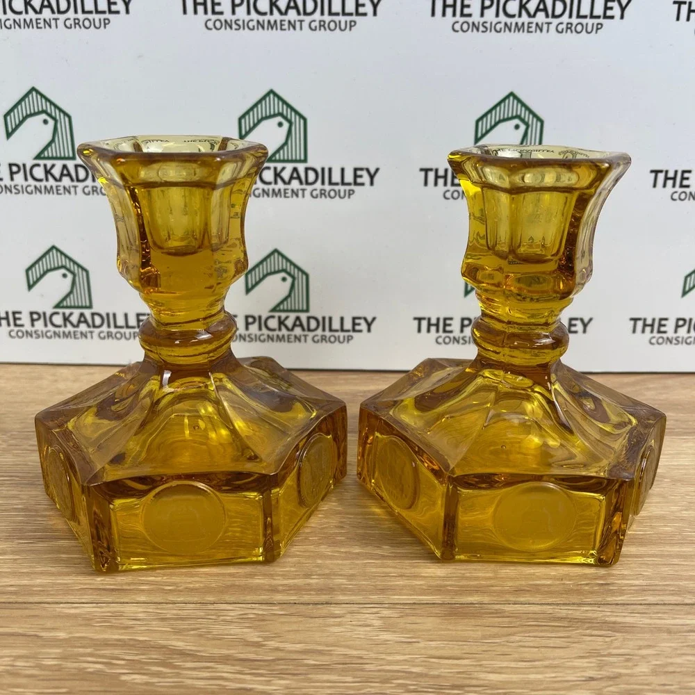 Vintage Amber Glass Hexagon Coin Candlestick Holders Liberty Bell Set of 2 4.5